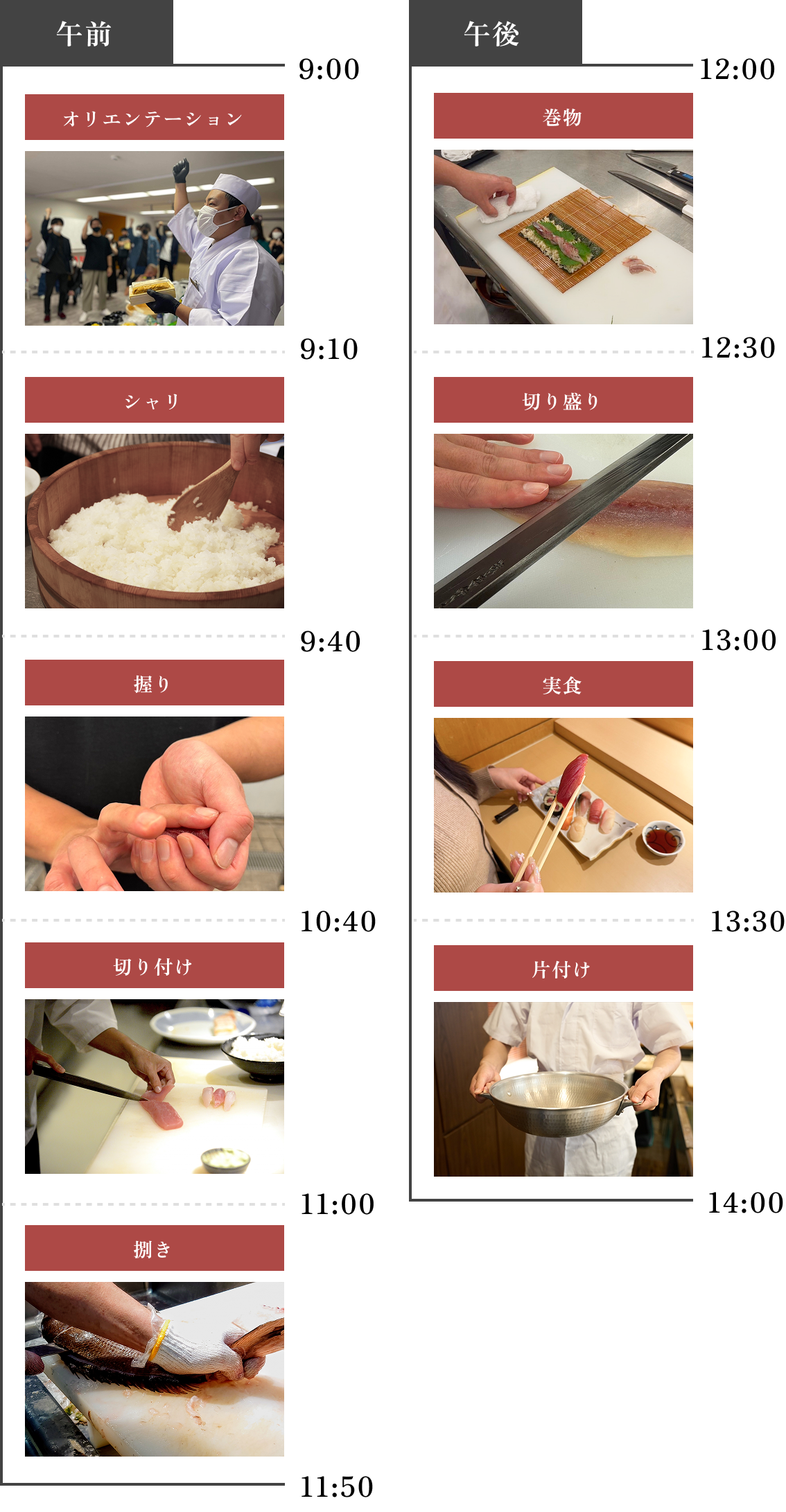 午前 9:00からオリエンテーション 9:10からシャリ 9:40から握り 10:40から切り付け 11:00から捌き 11:50まで。午後 12:00から巻物 12:30から切り盛り 13:00から実食 13:30から片付け 14:00まで。